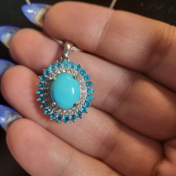 Sleeping Beauty Turquoise and Multi Gemstone Double Halo Pendant Necklace - Picture 5 of 8